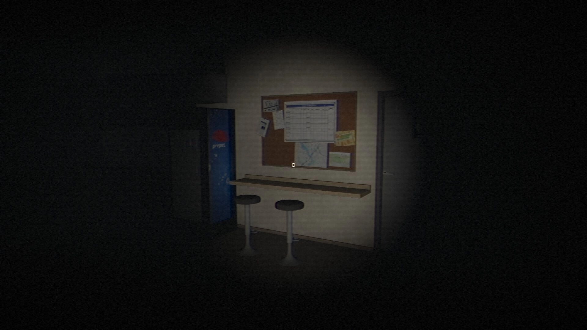 PAWN SHIFT: First-person view of back room break area with Pepsi machine, stools, and bulletin board.