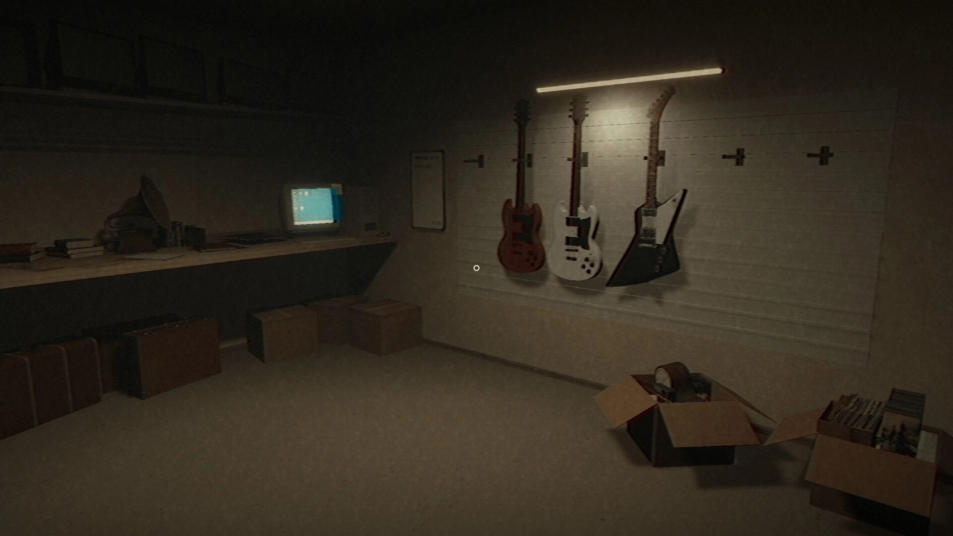 PAWN SHIFT: First-person view of guitars on wall rack beside counter and boxes in dim pawn shop room.