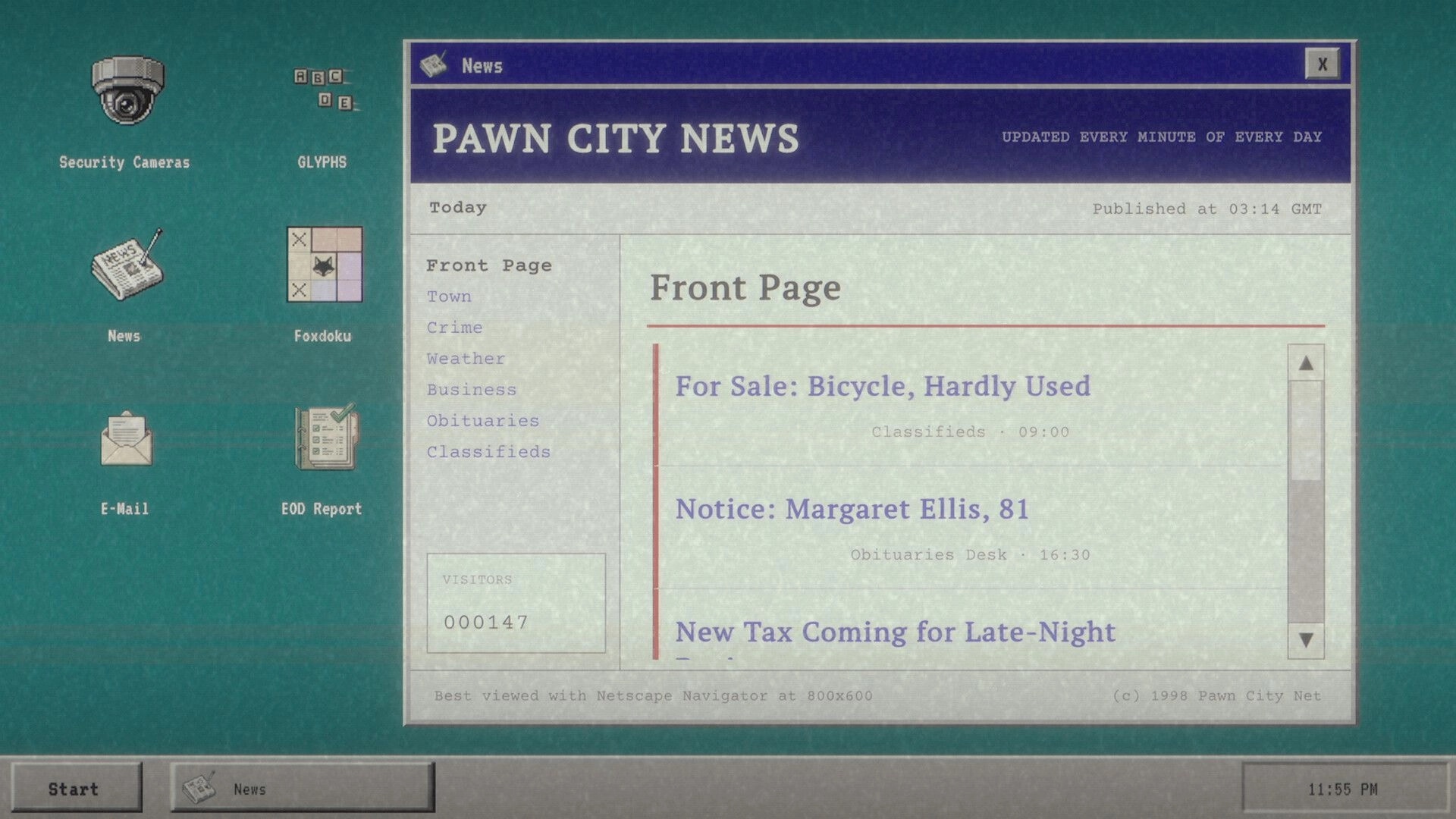 PAWN SHIFT: Desktop news app open to Pawn City News front page with classifieds and obituaries list.