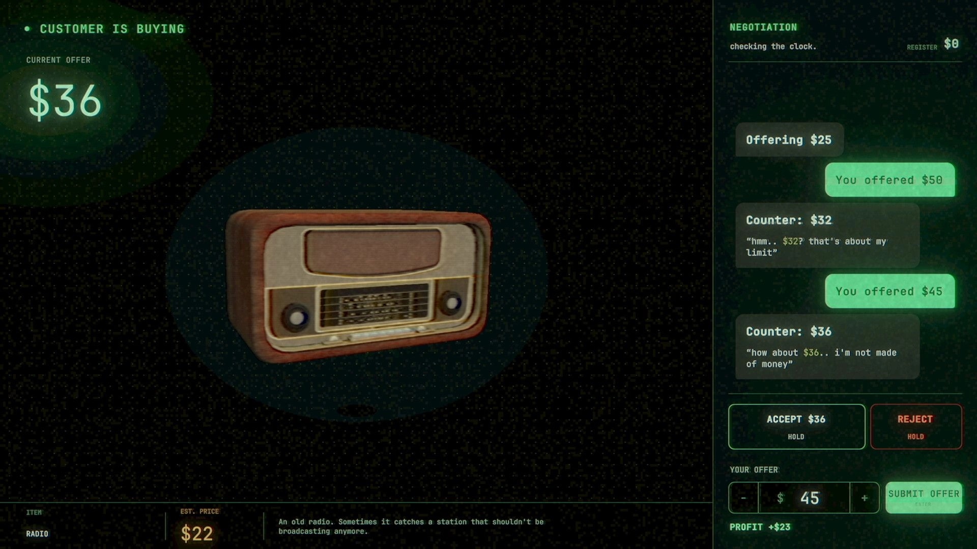 PAWN SHIFT: Negotiation UI over a vintage radio, customer buying for $36 in dim pawn shop screen.