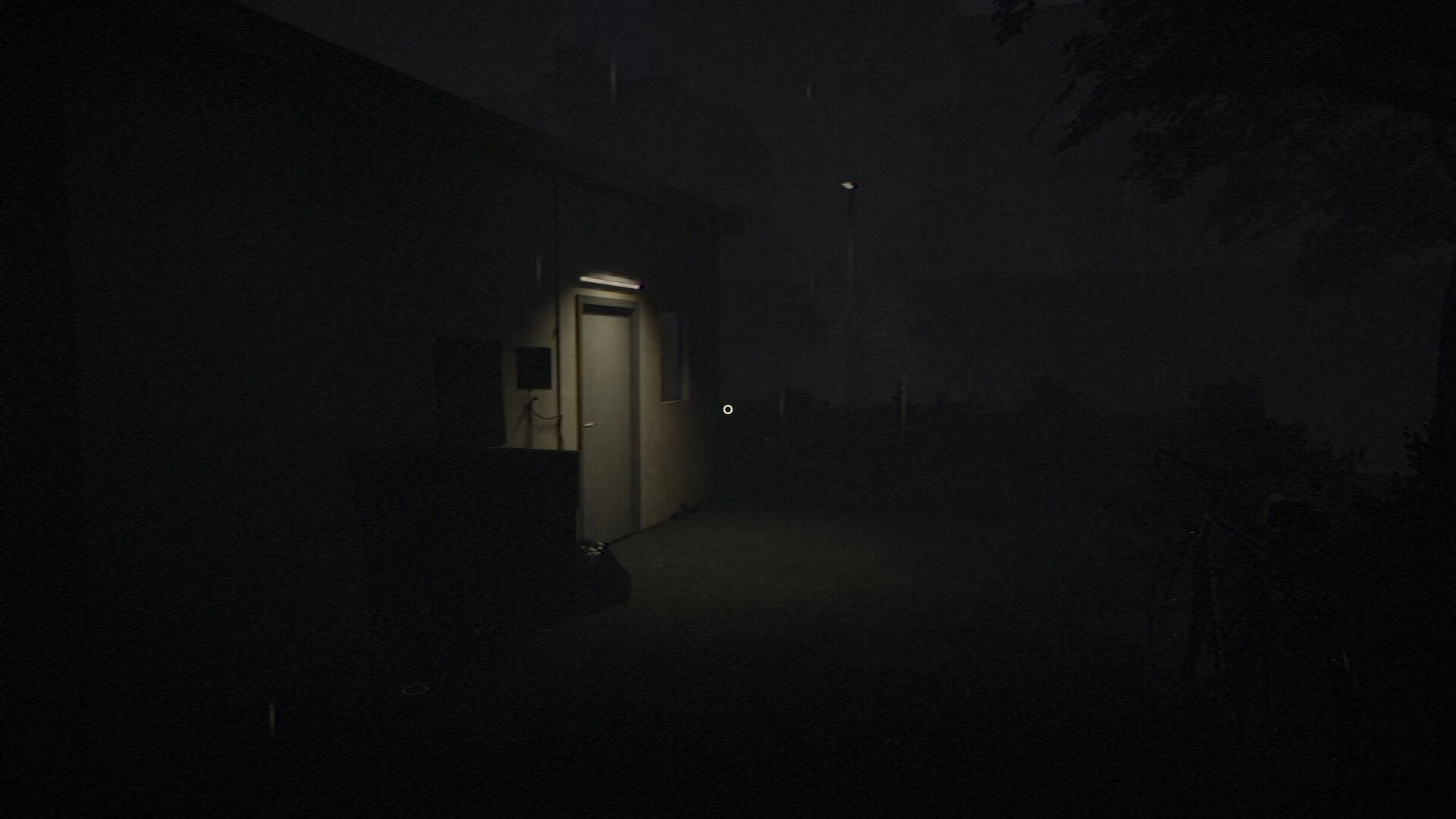 PAWN SHIFT: First-person view aiming at a lit side door in a rainy, foggy alley behind the shop.