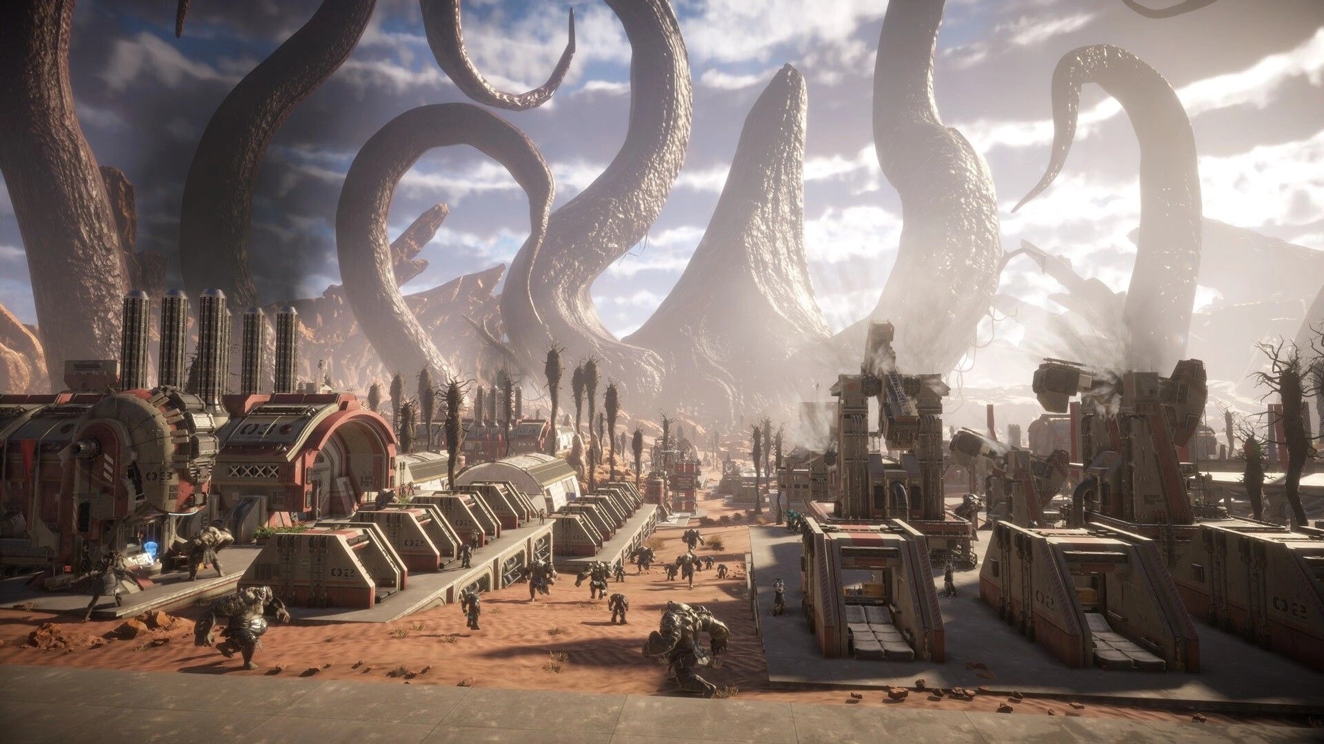 Pax Autocratica: Colony with massive tentacles looming, populated by soldiers in a desert wasteland.