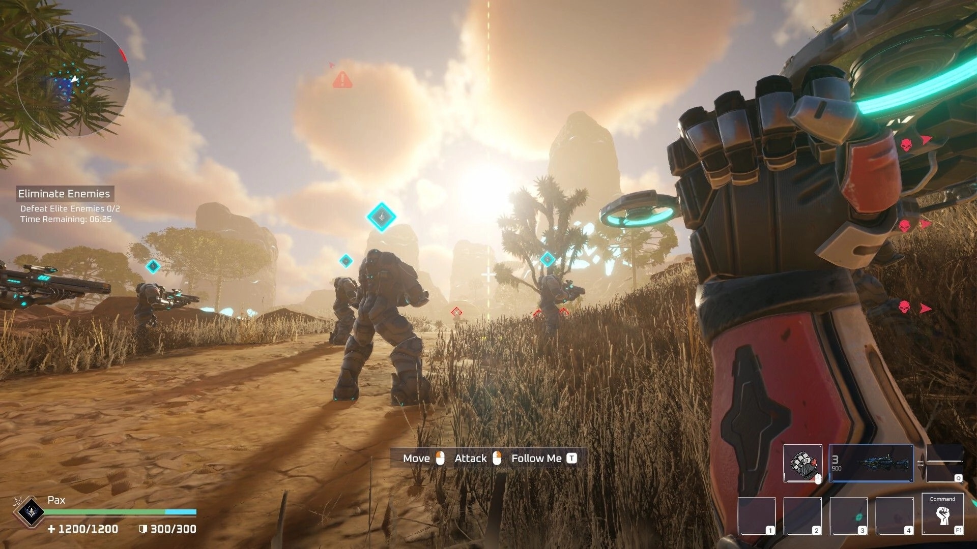 Pax Autocratica: Commanding squad in desert battlefield with HUD showing health, objectives, and controls.