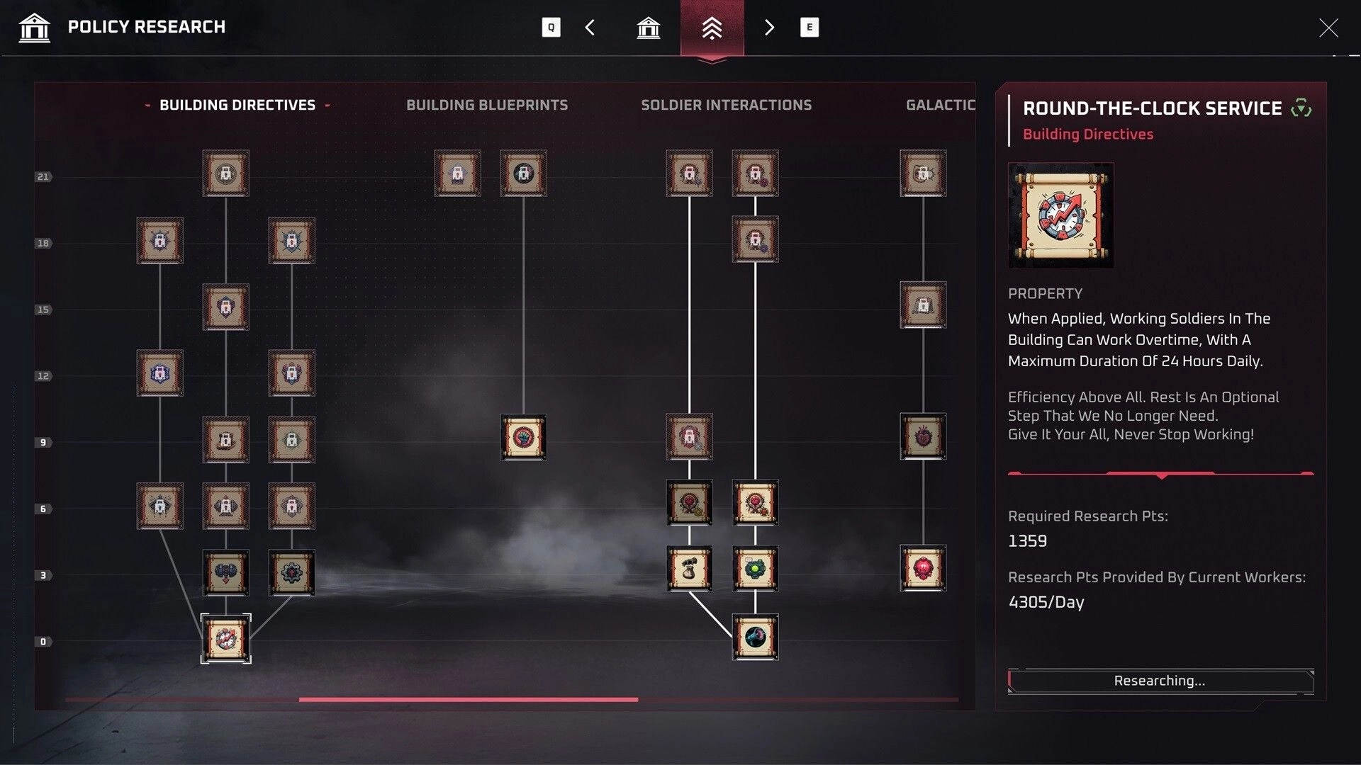 Pax Autocratica: Policy research interface showing building directives with detailed upgrade paths.
