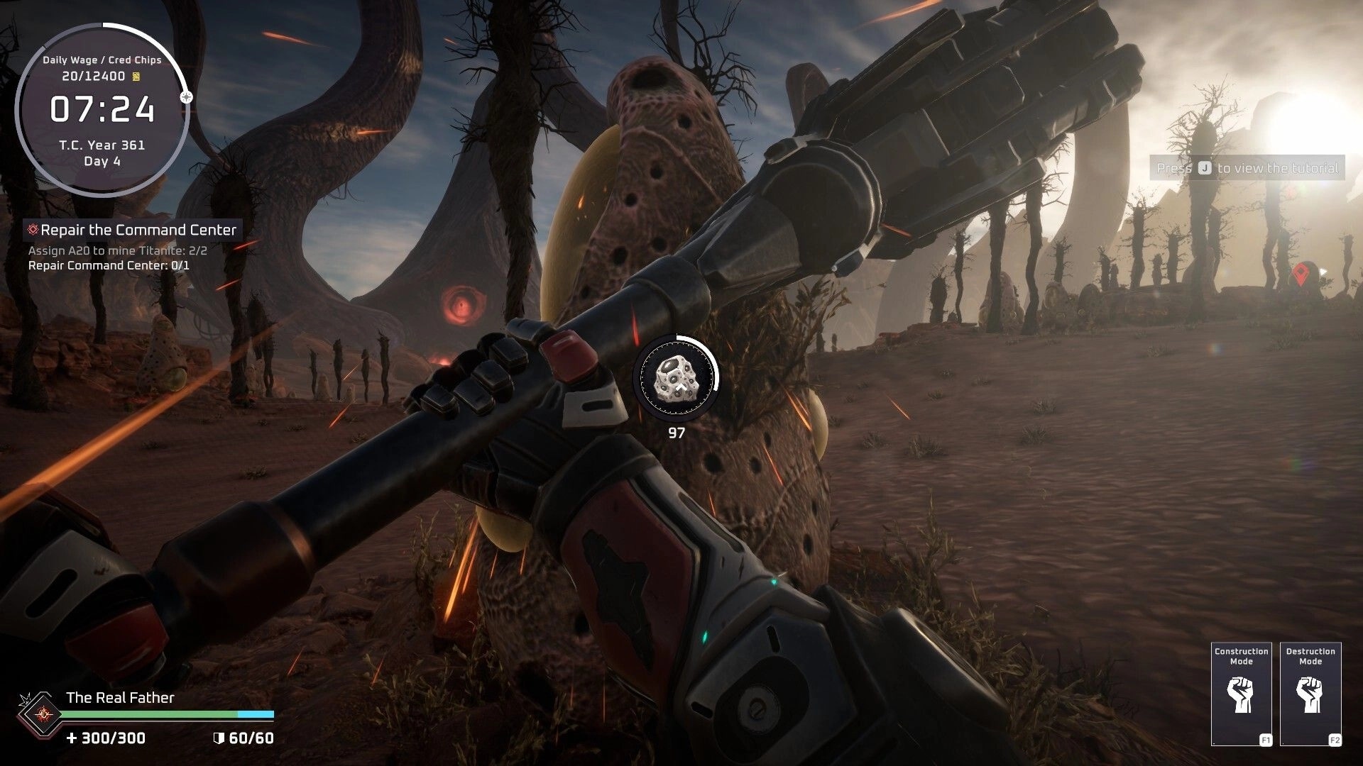 Pax Autocratica: Player repairing command center in alien landscape with UI displaying tasks and stats