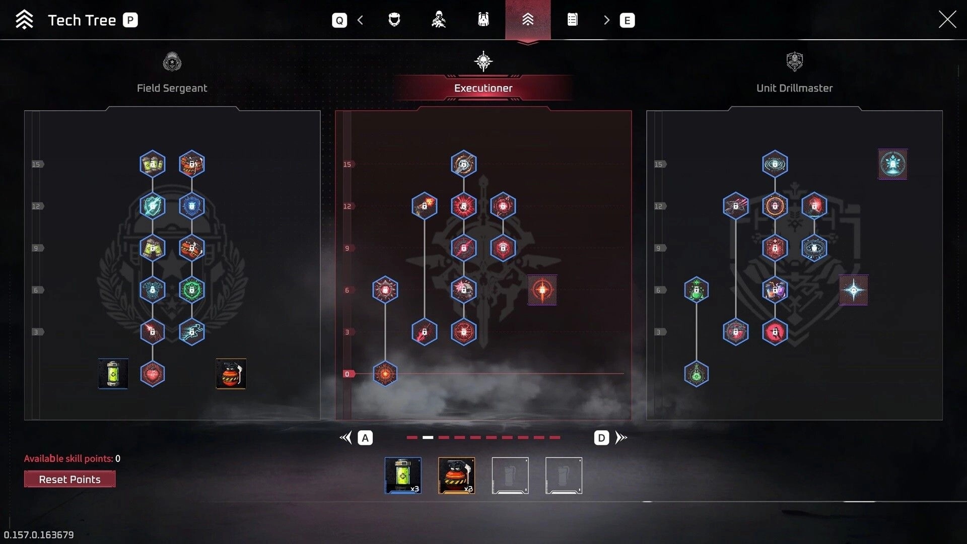 Pax Autocratica: Skill tech tree interface displaying Field Sergeant, Executioner, Unit Drillmaster paths