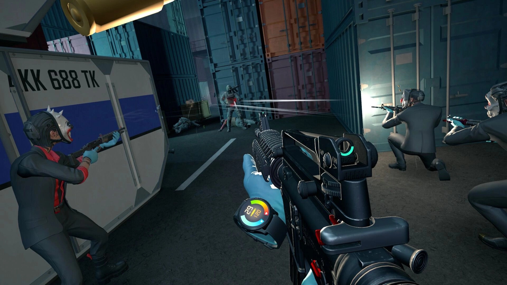 PAYDAY: VR firefight with masked crew aiming rifles at guards in a shipping container yard corridor.