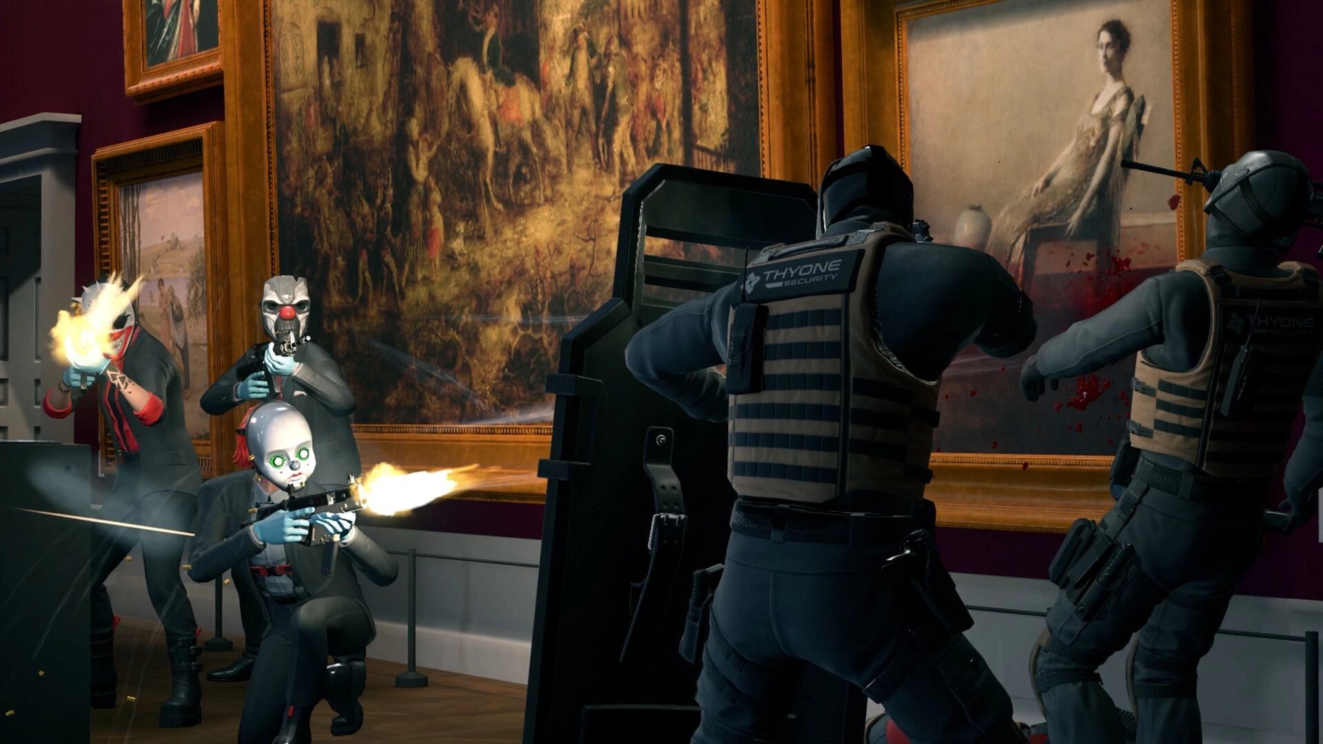PAYDAY: Masked heisters fire at armored security with riot shield inside an art gallery hallway.