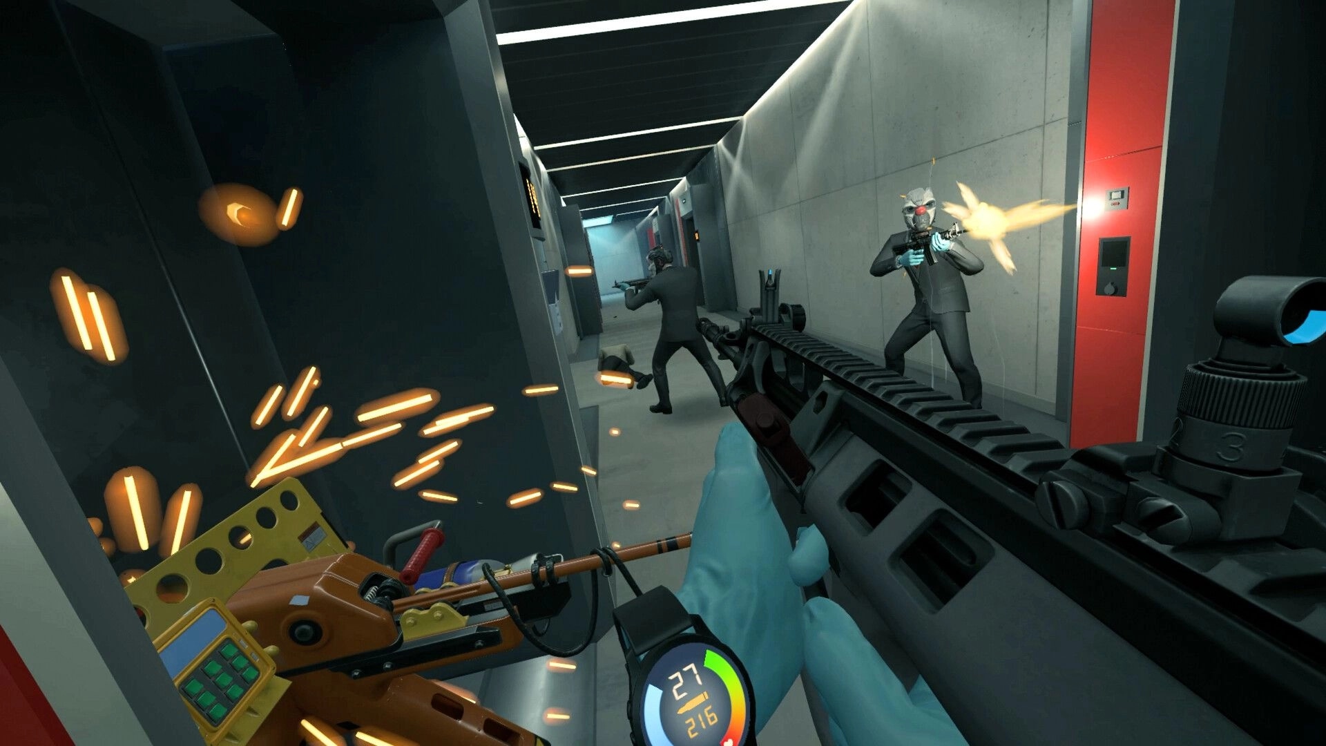 PAYDAY: First-person rifle firefight with masked heisters in a sleek office hallway under gunfire.
