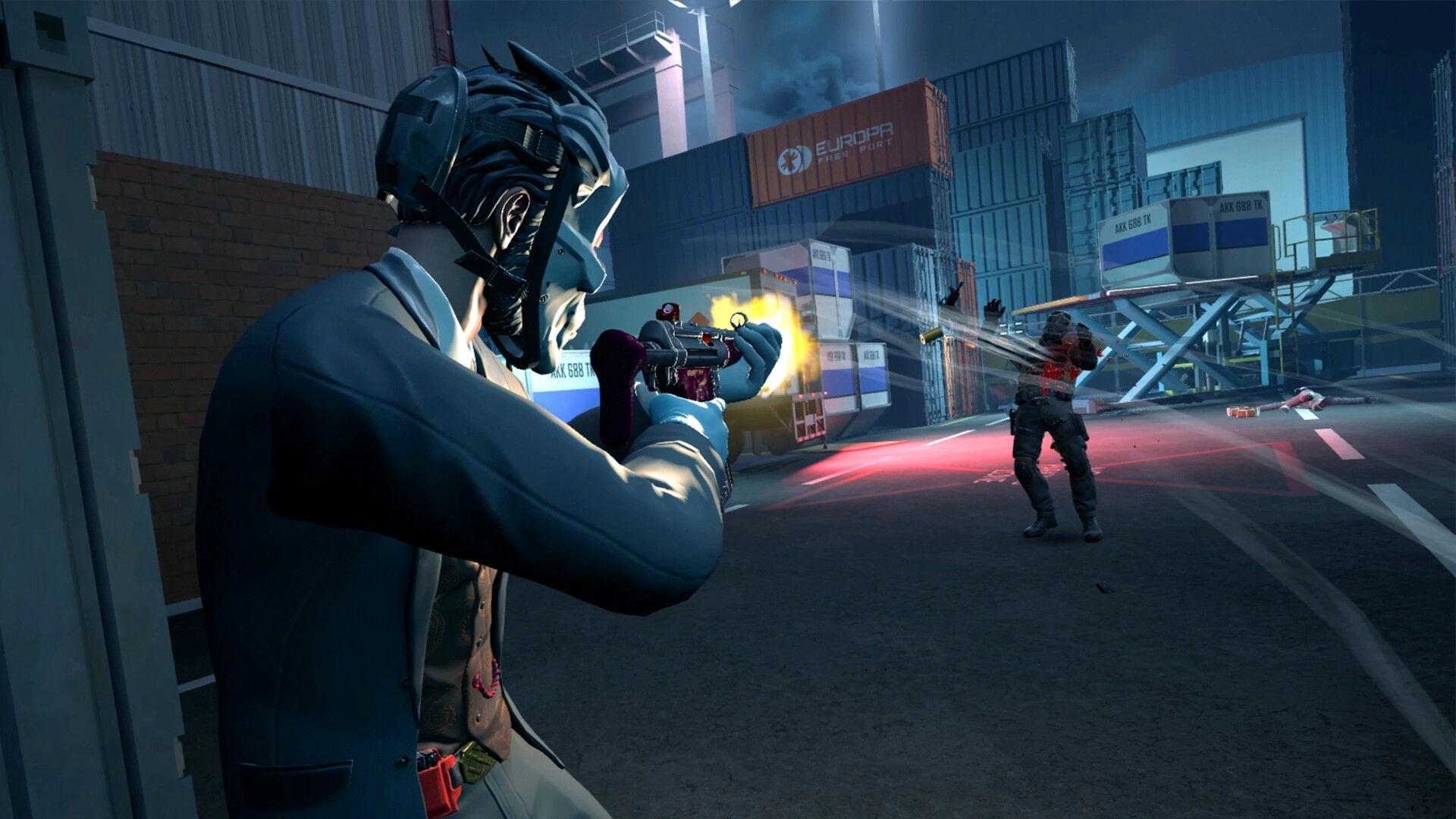 PAYDAY: Masked heister fires a submachine gun at a guard in a shipping yard with stacked containers at night.