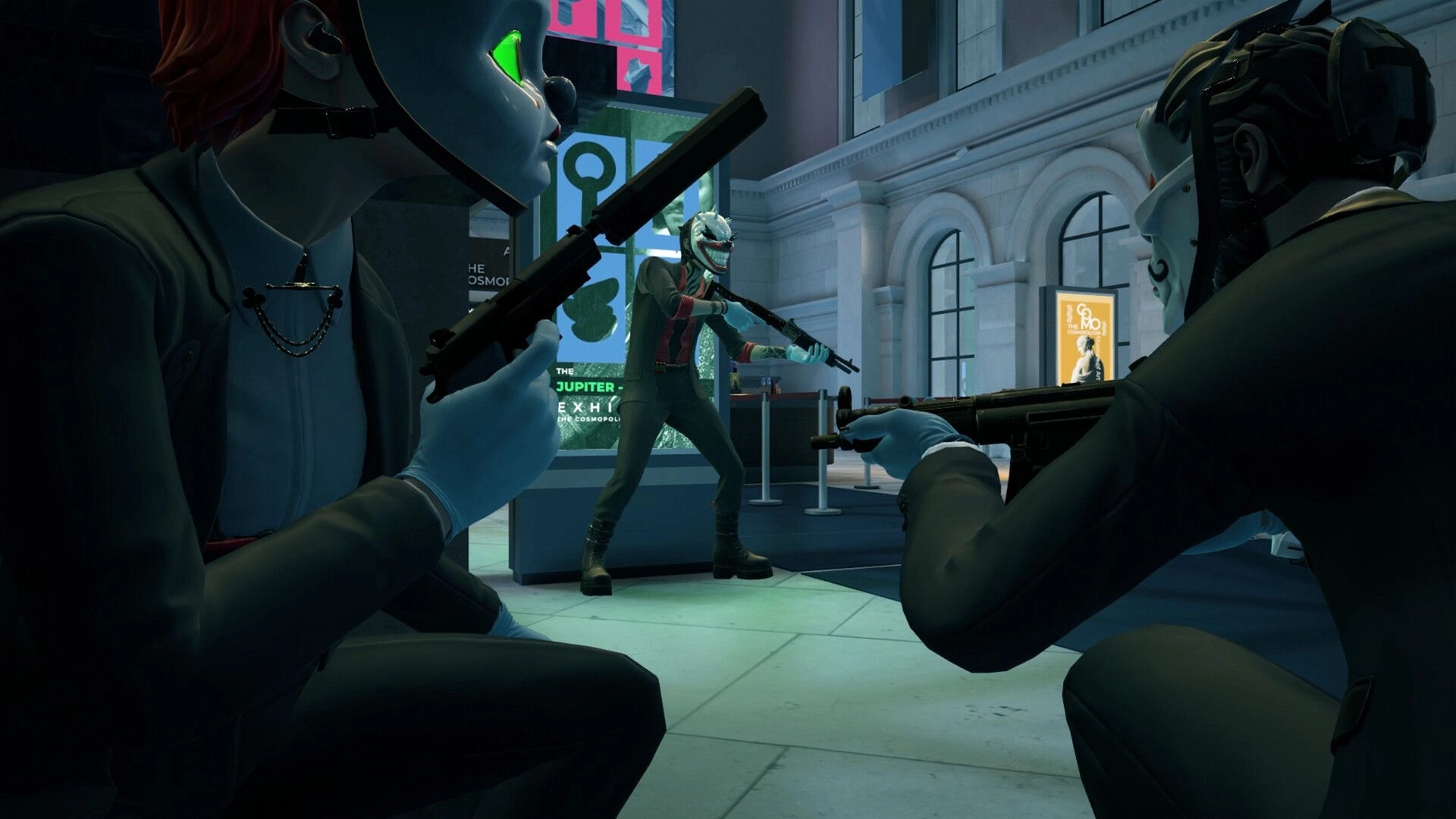 PAYDAY: Masked robbers aim silenced rifles at a guard inside a bright museum lobby with posters.