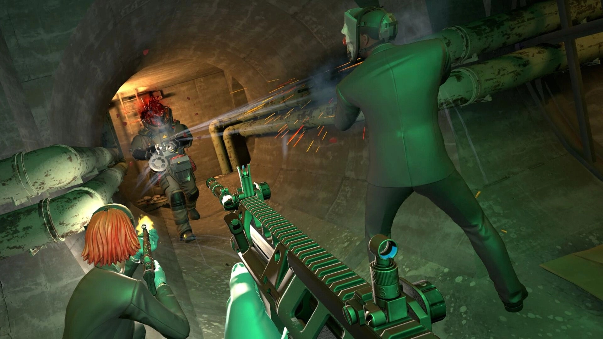 PAYDAY: Co-op shootout with masked heisters firing at an armored guard in a cramped sewer tunnel.