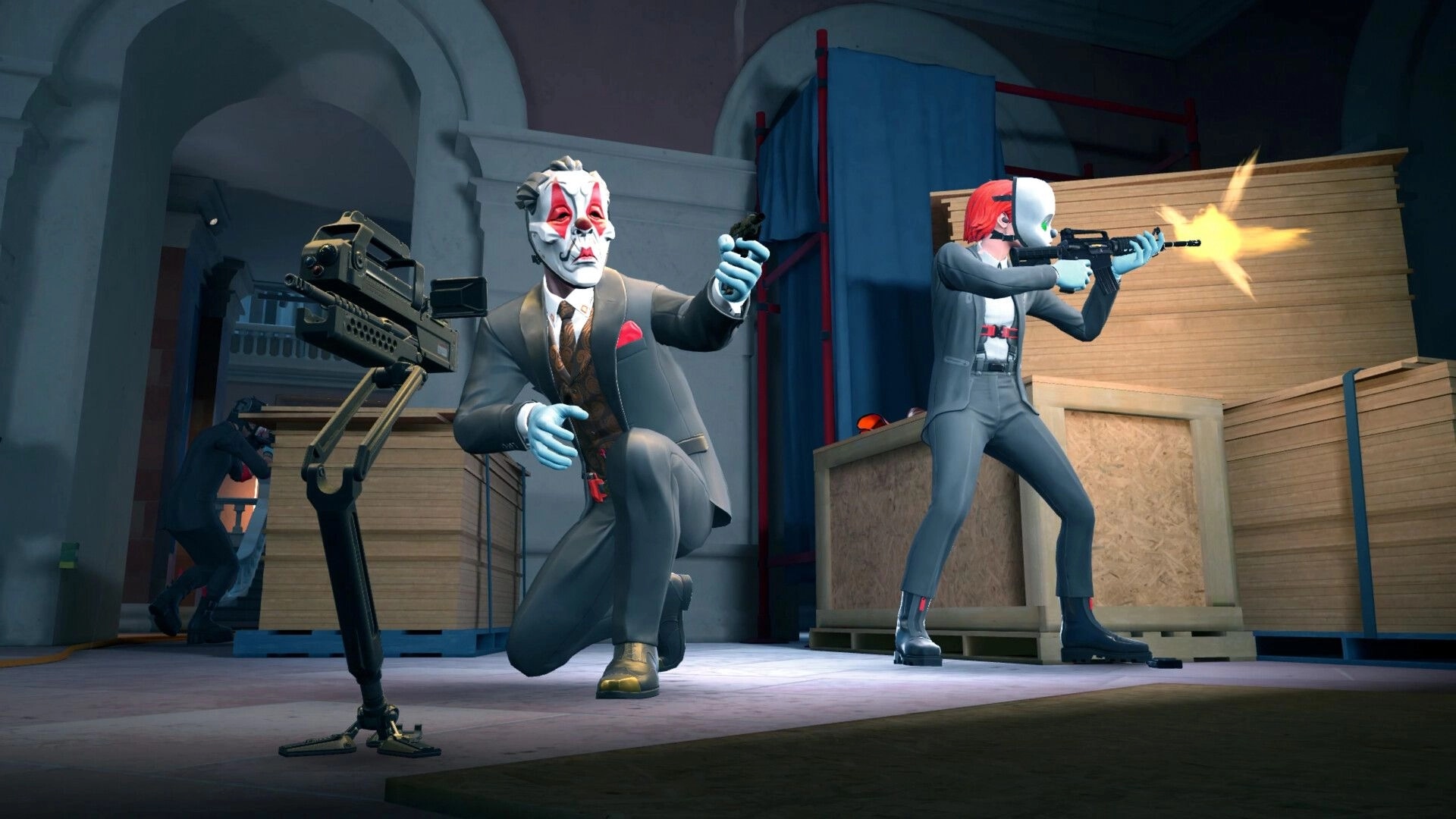 PAYDAY: Masked heisters fire rifles beside a sentry turret in a warehouse with stacked crates.