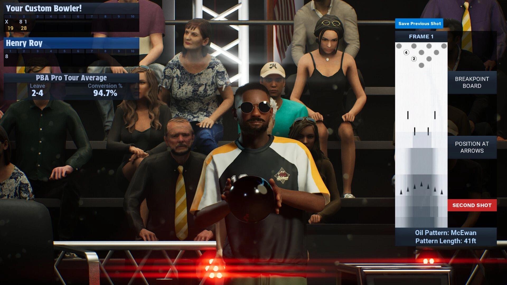 PBA Pro Bowling 2026: Custom bowler ready to throw, audience seated, scoreboards and oil pattern shown