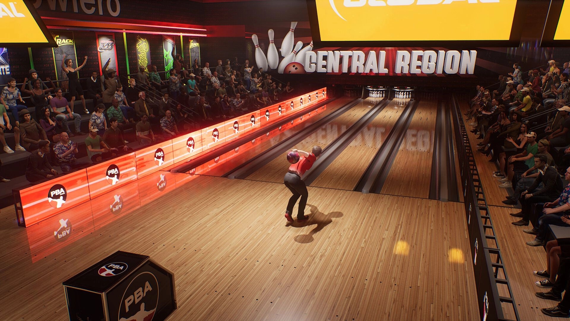 PBA Pro Bowling 2026: Bowler in mid-swing at Central Region lane with audience watching intently