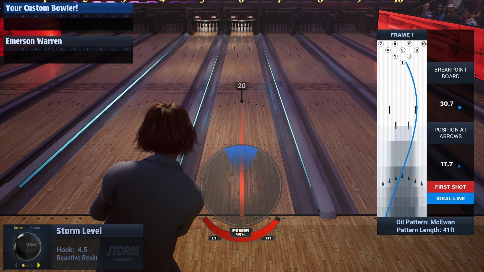 PBA Pro Bowling 2026: Player prepares to bowl with power meter and lane oil pattern guide visible
