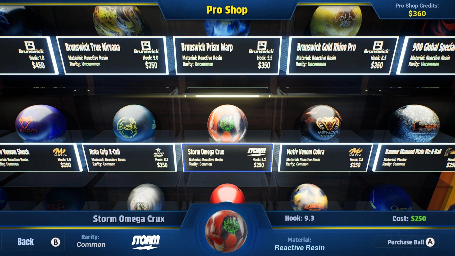 PBA Pro Bowling 2026: Pro Shop interface displaying various bowling balls with prices and attributes