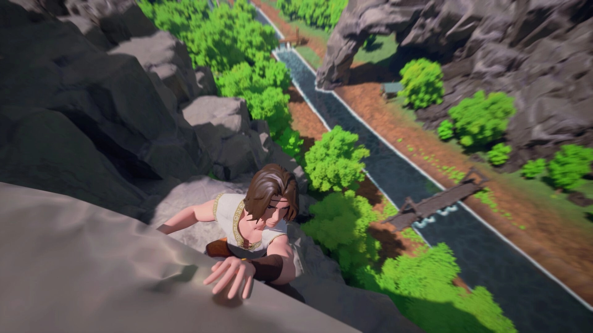 Peasant: Character climbing rocky cliff with a river and bridge in lush forest below