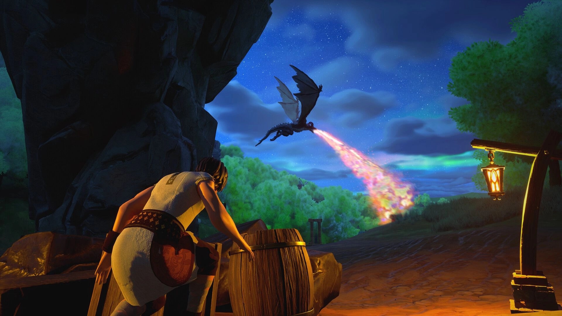 Peasant: Hiding by a barrel while a dragon breathes fire in a starry forested landscape at night.