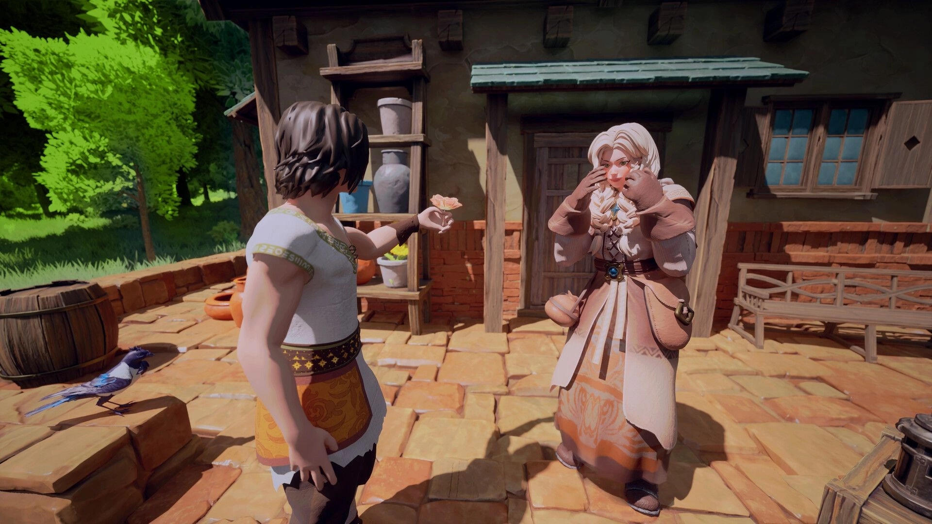 Peasant: Player offers a flower to a surprised NPC in a sunny village courtyard with lush greenery.