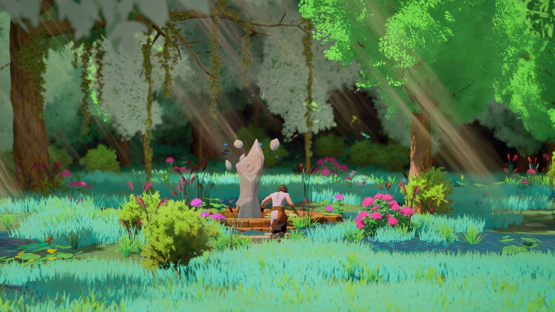 Peasant: Character kneeling before a mystical stone in a lush, sunlit forest clearing with vibrant flora.