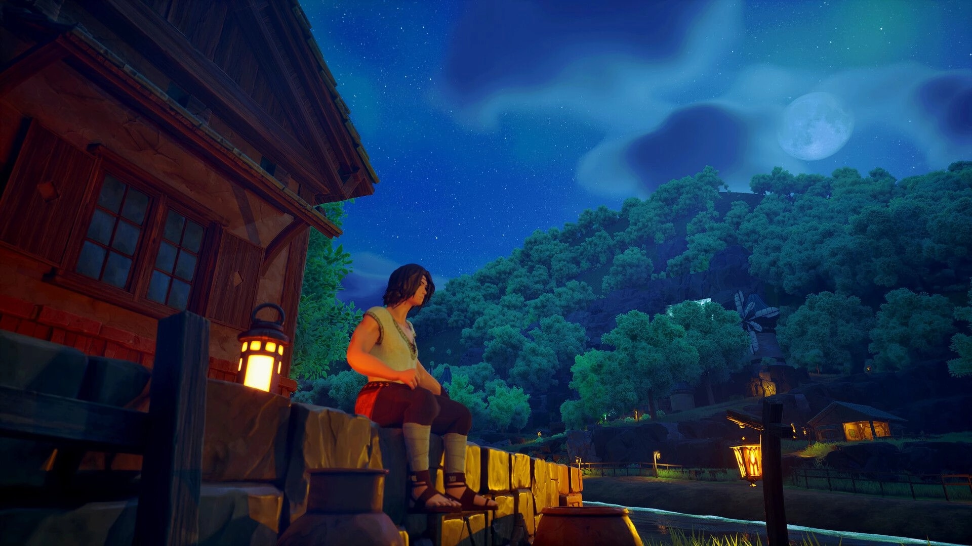 Peasant: Character sits on stone wall under starry night sky, overlooking forest and village lanterns.