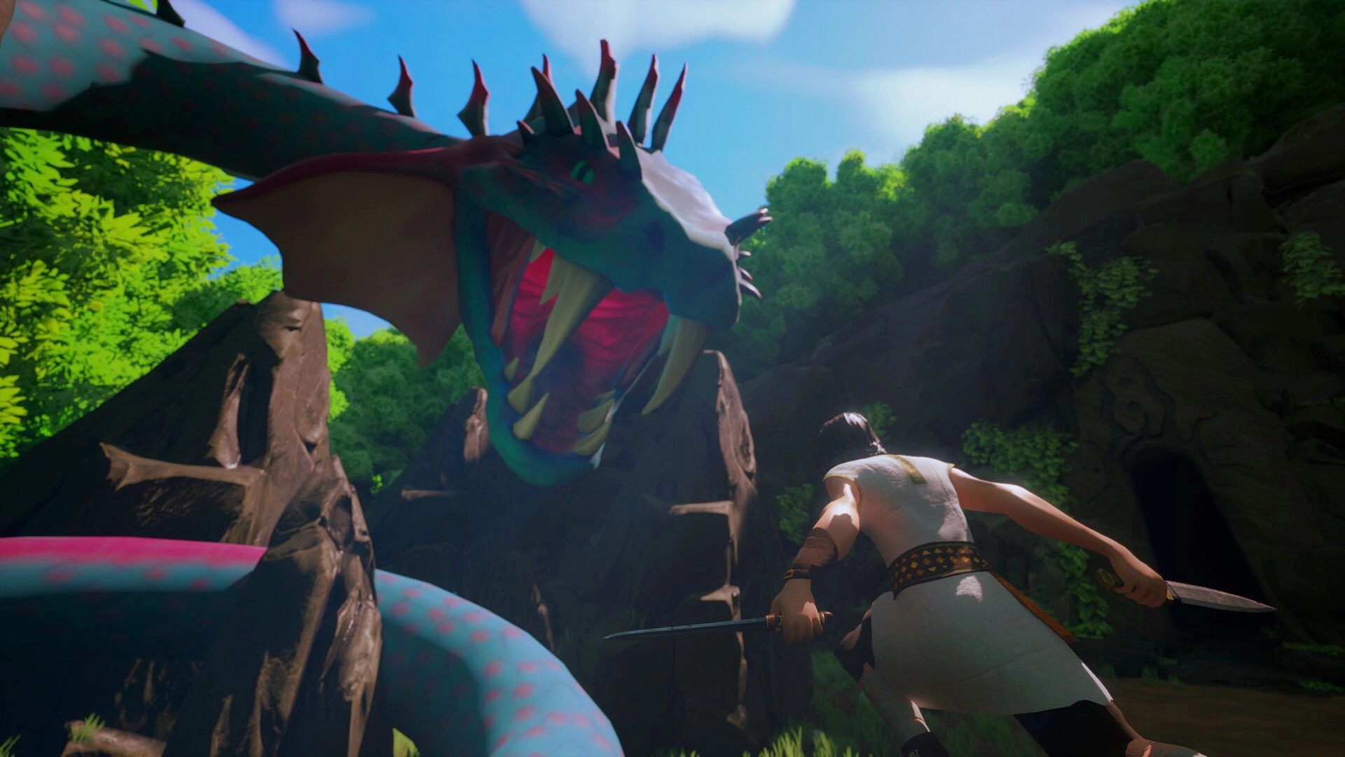 Peasant: Player facing a giant dragon serpent creature in lush forest environment with dagger drawn
