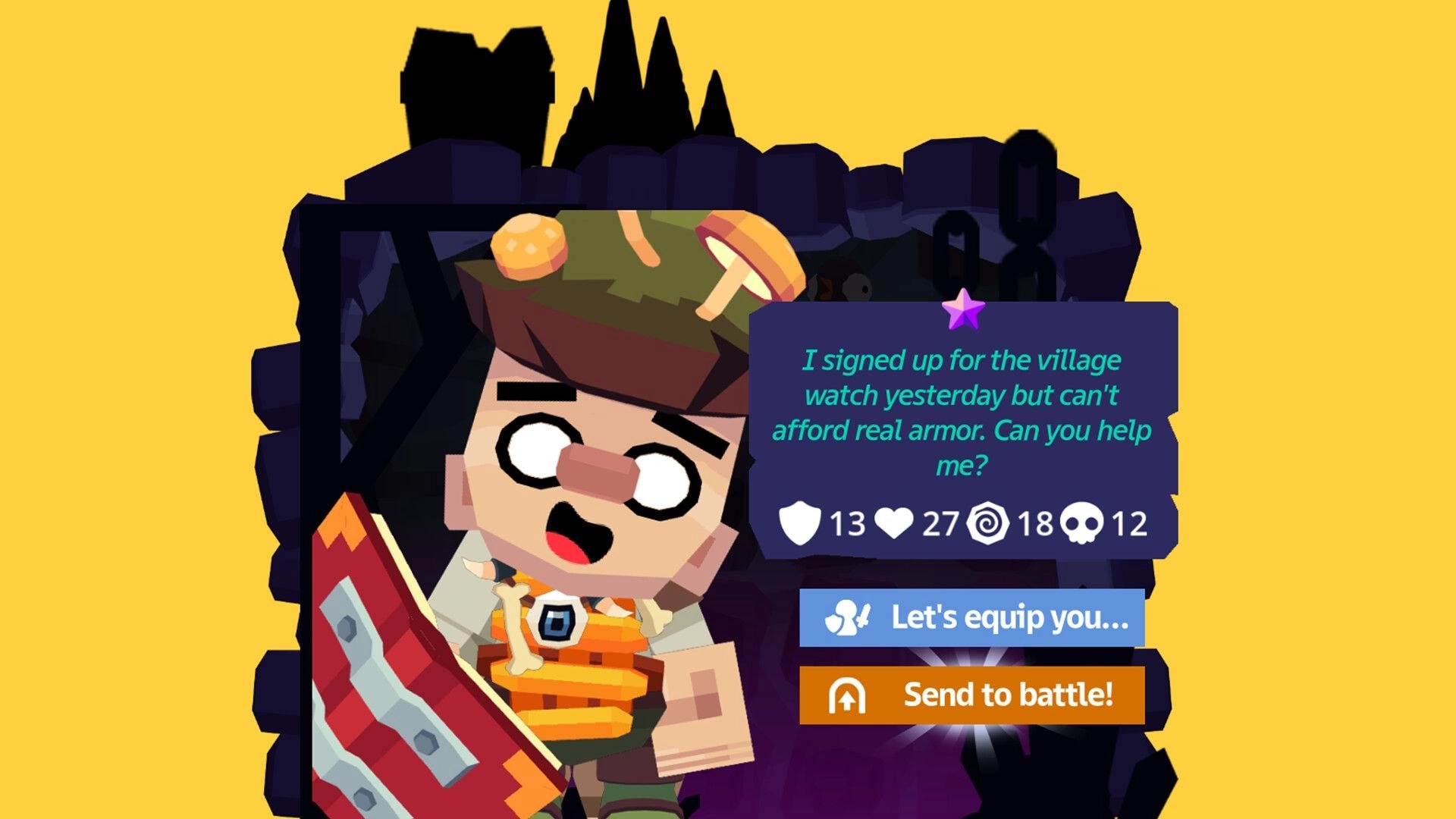 Peckers: Adventurer dialogue popup with stats and equip/send buttons in rocky cave scene.