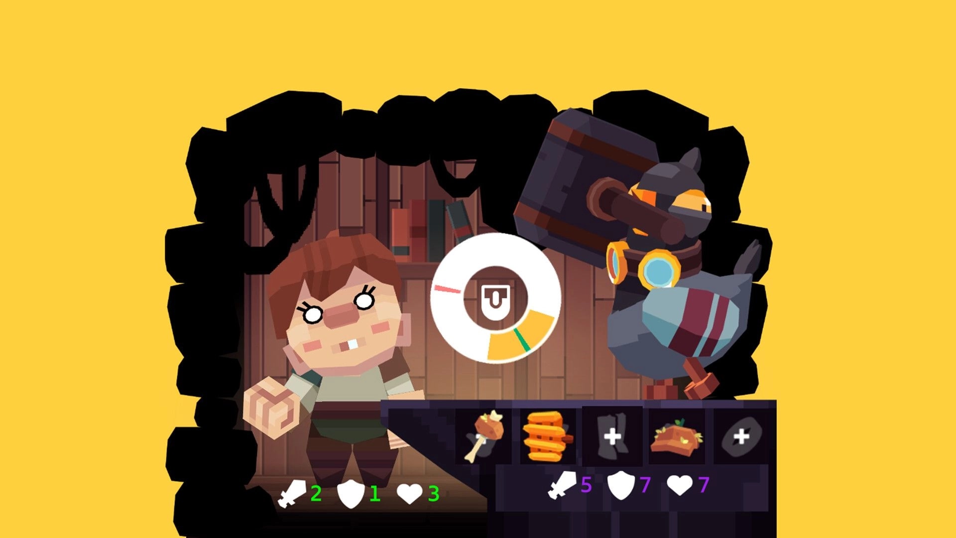 Peckers: Crafting screen with hero and hammer-wielding bird, gear icons and stats in workshop.