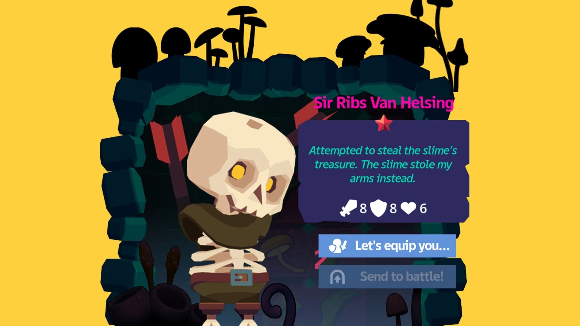 Peckers: Adventurer info panel for Sir Ribs Van Helsing with equip and send to battle buttons in cave.