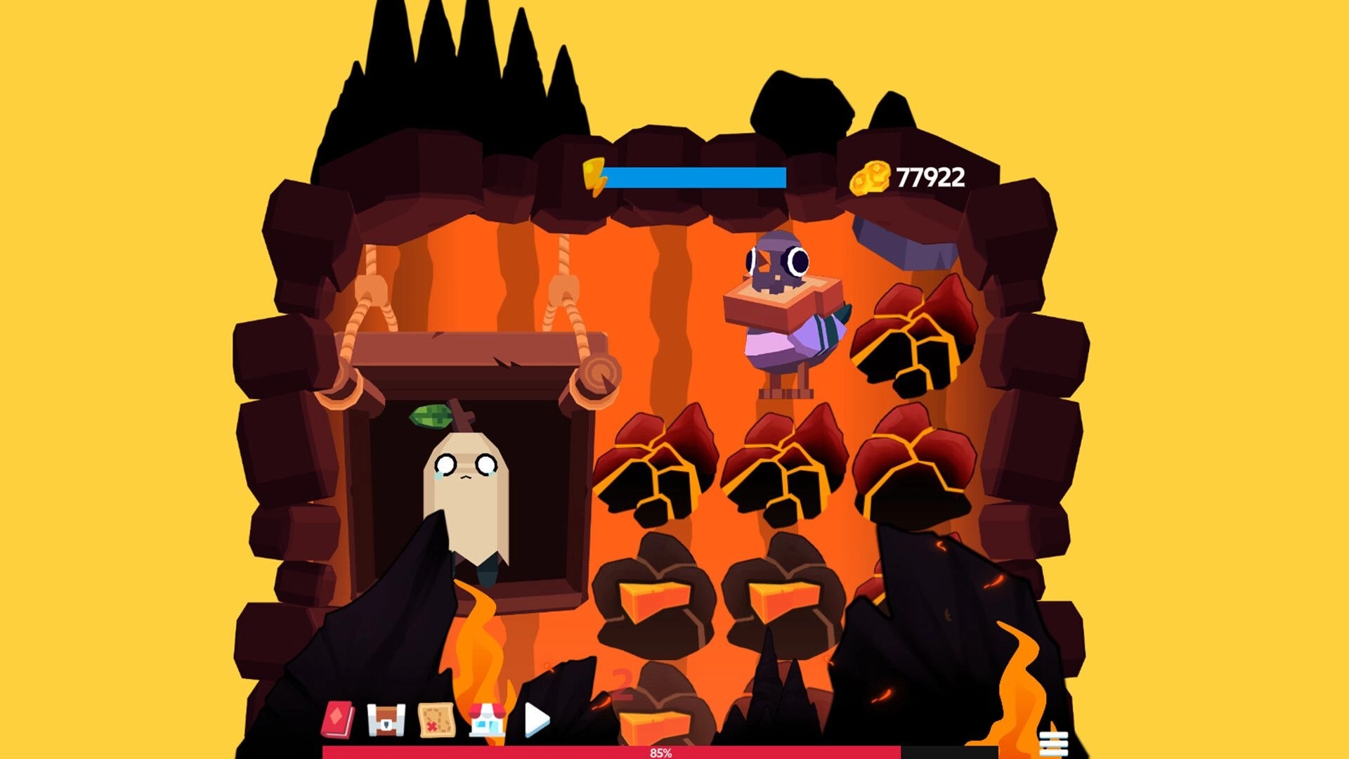Peckers: Miner bird perched on a platform above ore piles with energy bar and coin counter in cave.