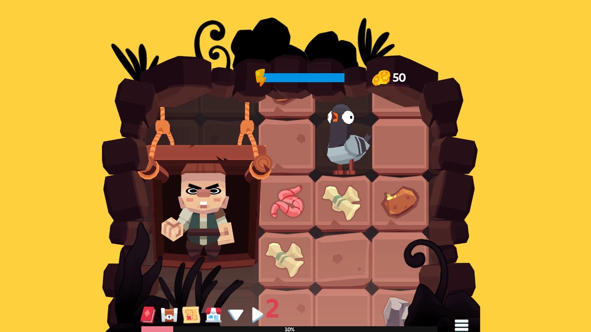 Peckers: Adventurer and bird on tiled dig grid with energy bar, coins, and bottom menu UI.