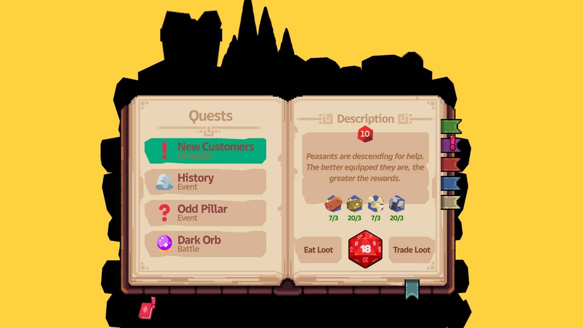 Peckers: Quest book menu with New Customers selected and loot options on a yellow backdrop.