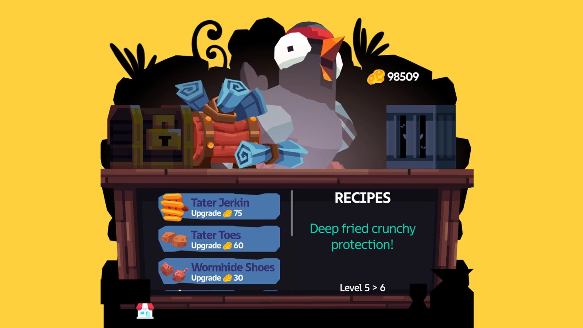 Peckers: Bird merchant upgrade menu with recipes list and coin total on a wooden counter shop.