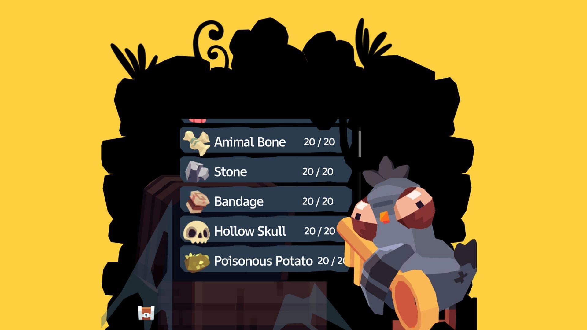 Peckers: Inventory list with Animal Bone, Stone, Bandage and more at 20/20 beside a bird miner UI.