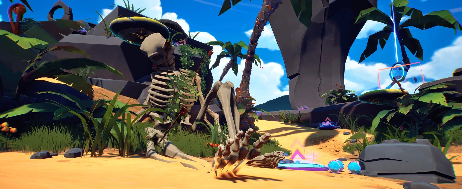 Pecking Order: Giant skeleton beside a glowing portal pad on a sunny tropical beach with palms.