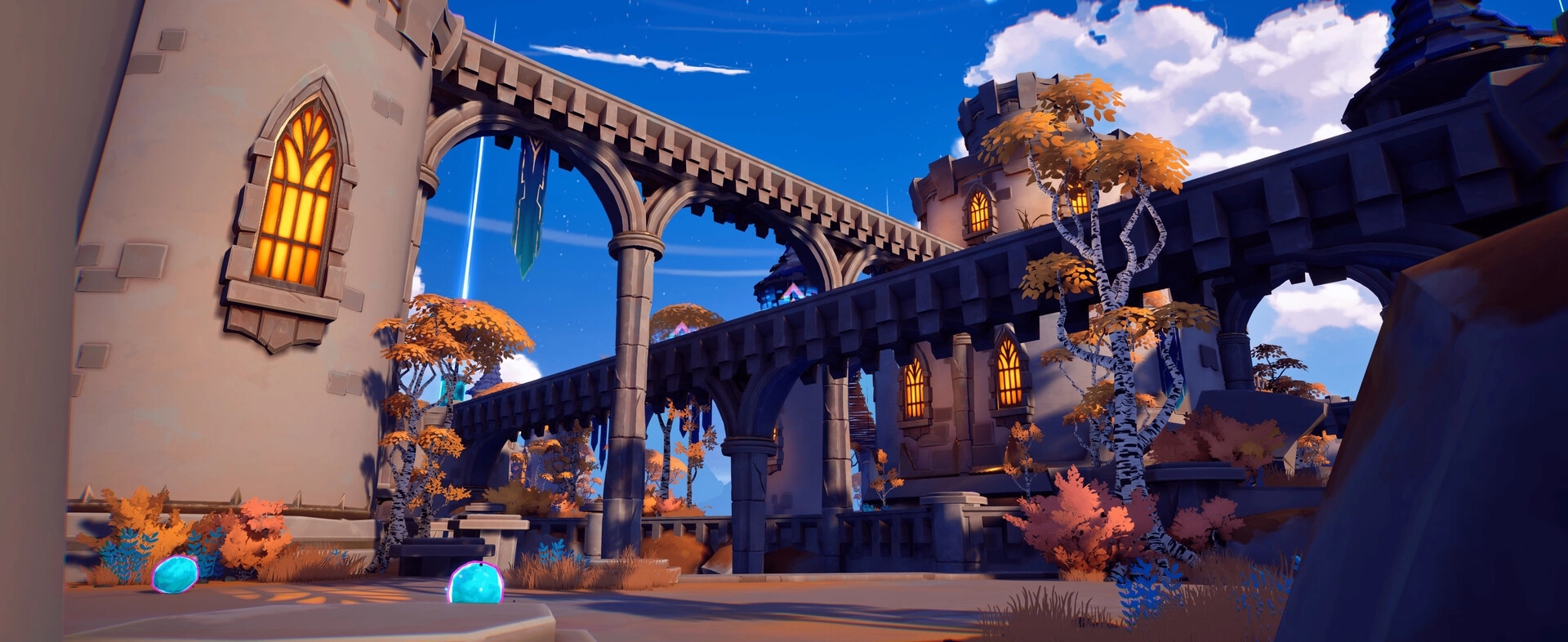 Pecking Order: Glowing blue eggs on courtyard ground beneath stone arches in an autumn castle ruin.