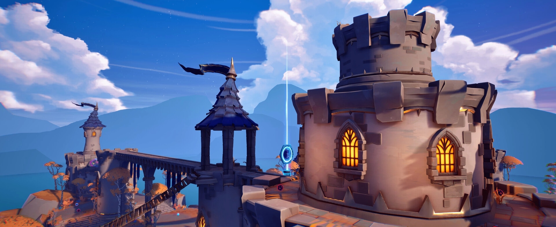 Pecking Order: Glowing blue portal beacon between castle towers on a stone bridge under cloudy sky.