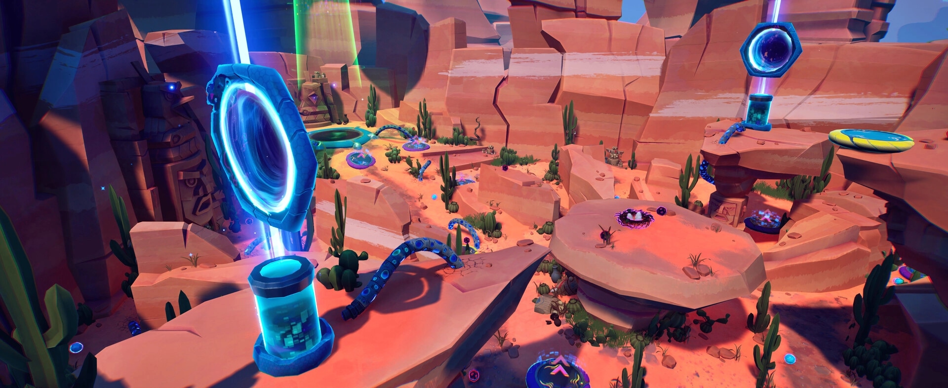 Pecking Order: Glowing portals and worm tunnels across a rocky desert arena with cactus platforms.