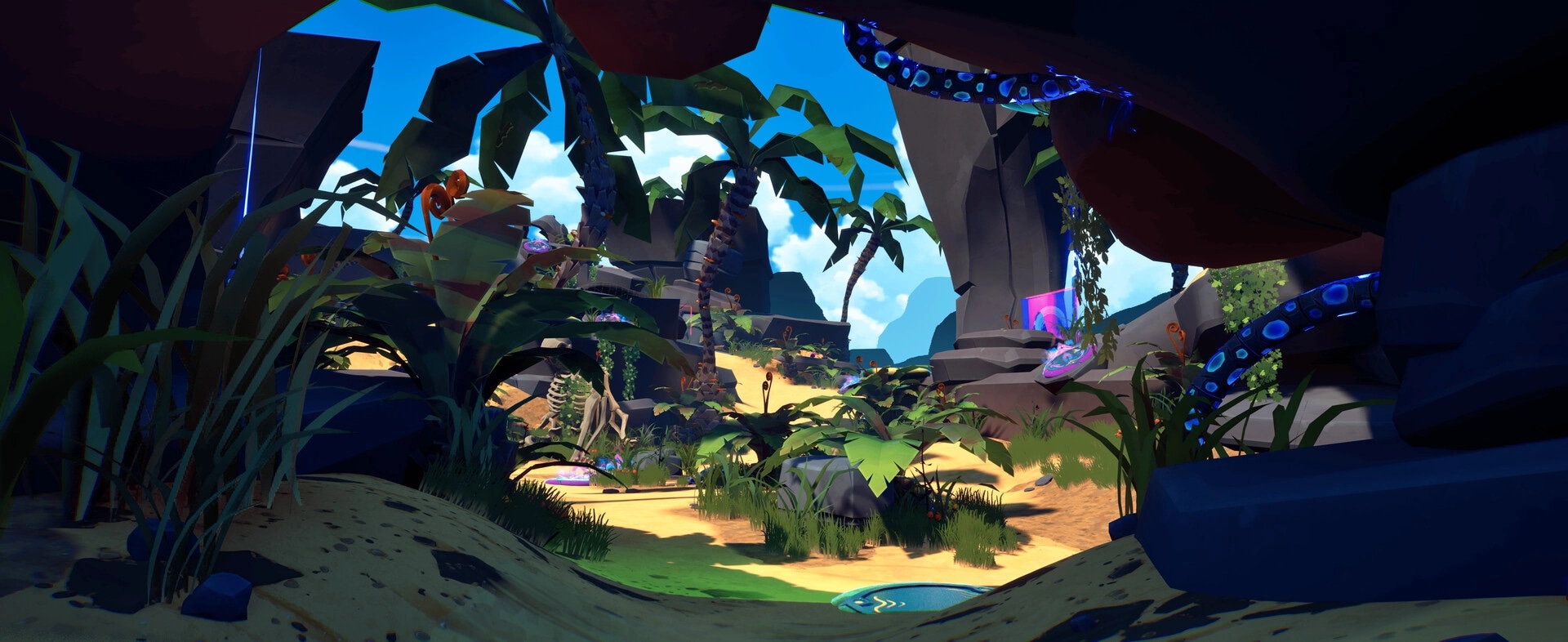 Pecking Order: Sandy jungle path with palm trees, rocks, and glowing portals in a canyon arena.