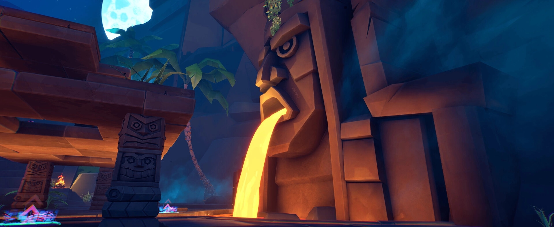 Pecking Order: Lava pours from a giant stone face idol in a moonlit jungle temple arena.