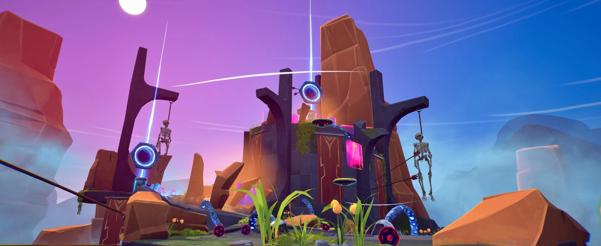 Pecking Order: Glowing portals and hanging skeleton traps around a rocky ruin under purple sky.