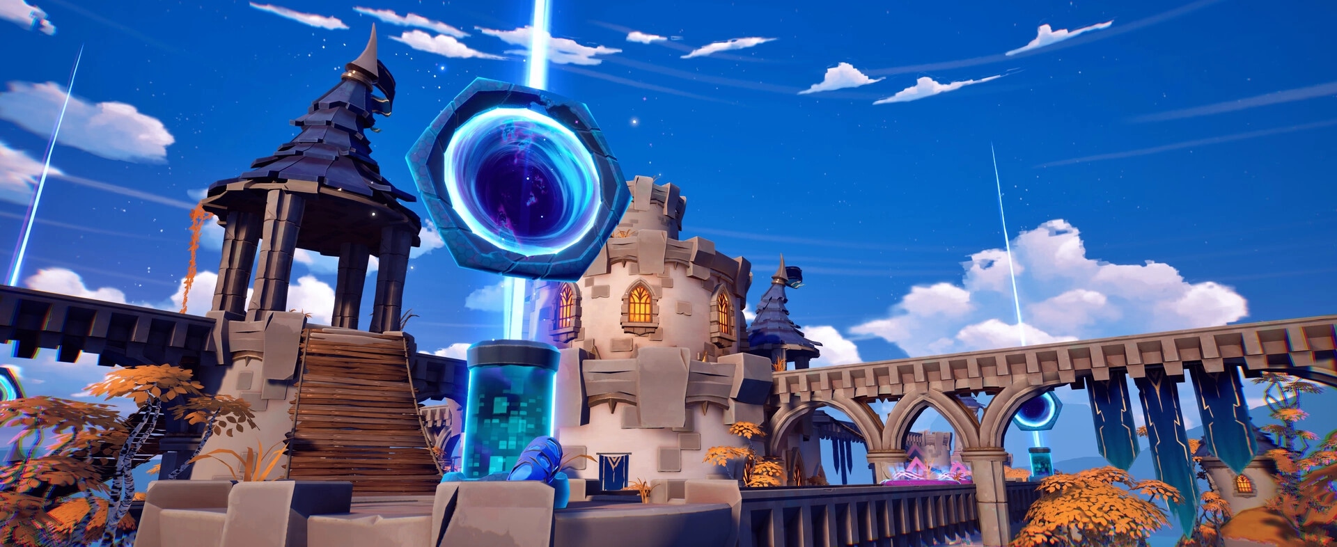 Pecking Order: Glowing blue portal over a castle courtyard with towers, arches, and sky bridges.