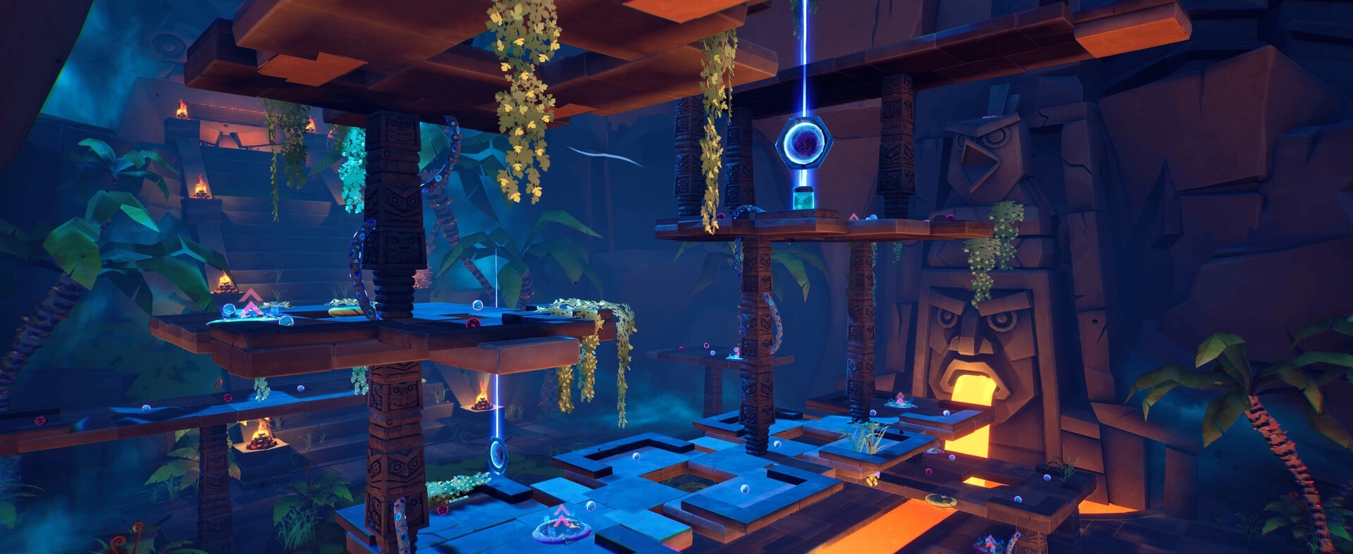 Pecking Order: Floating stone platforms and glowing portals in a vine-covered jungle temple arena.