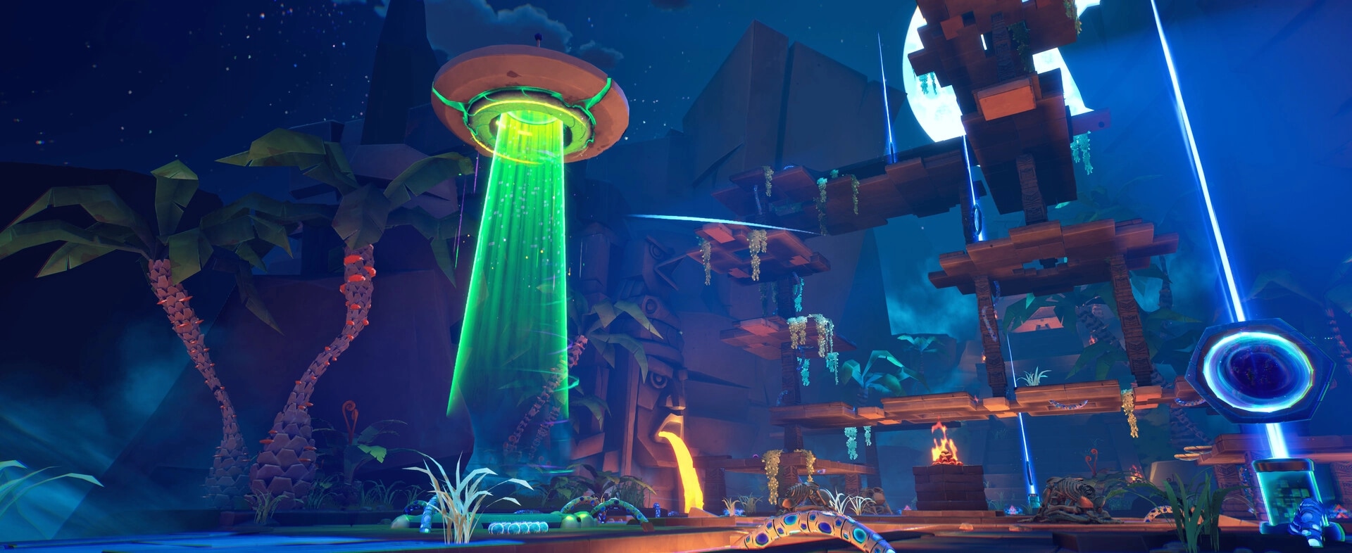 Pecking Order: Neon UFO beam over jungle ruins with wooden platforms, portals, and campfire at night.