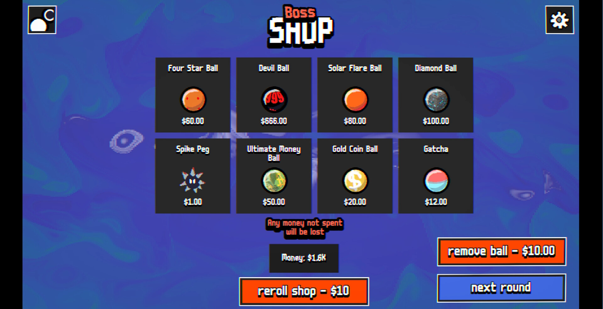 Peganomics: Boss shop interface displaying various purchasable balls and pegs against blue backdrop.
