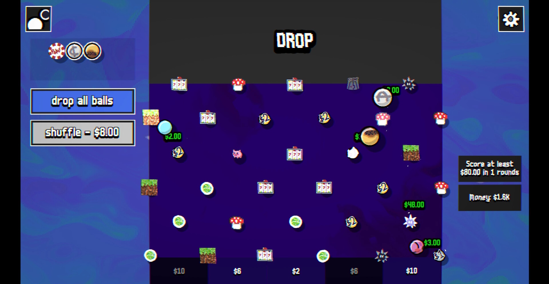 Peganomics: Ball drop interface with pegs, pricing indicators, and score objectives on blue background