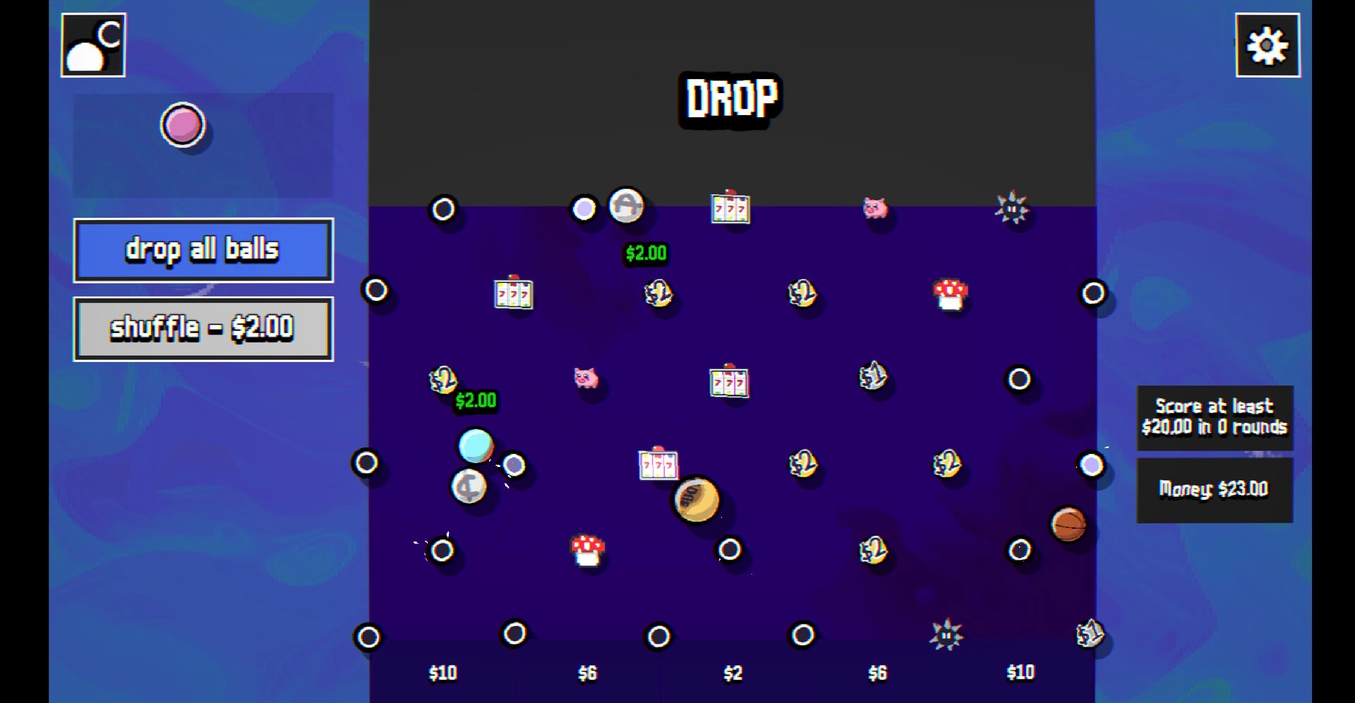 Peganomics: Ball drop interface with pegs, score objectives, and control buttons in play area