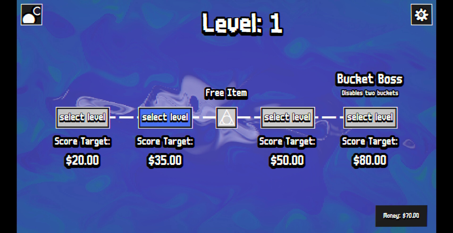 Peganomics: Level 1 selection screen with score targets and Bucket Boss challenge in blue background