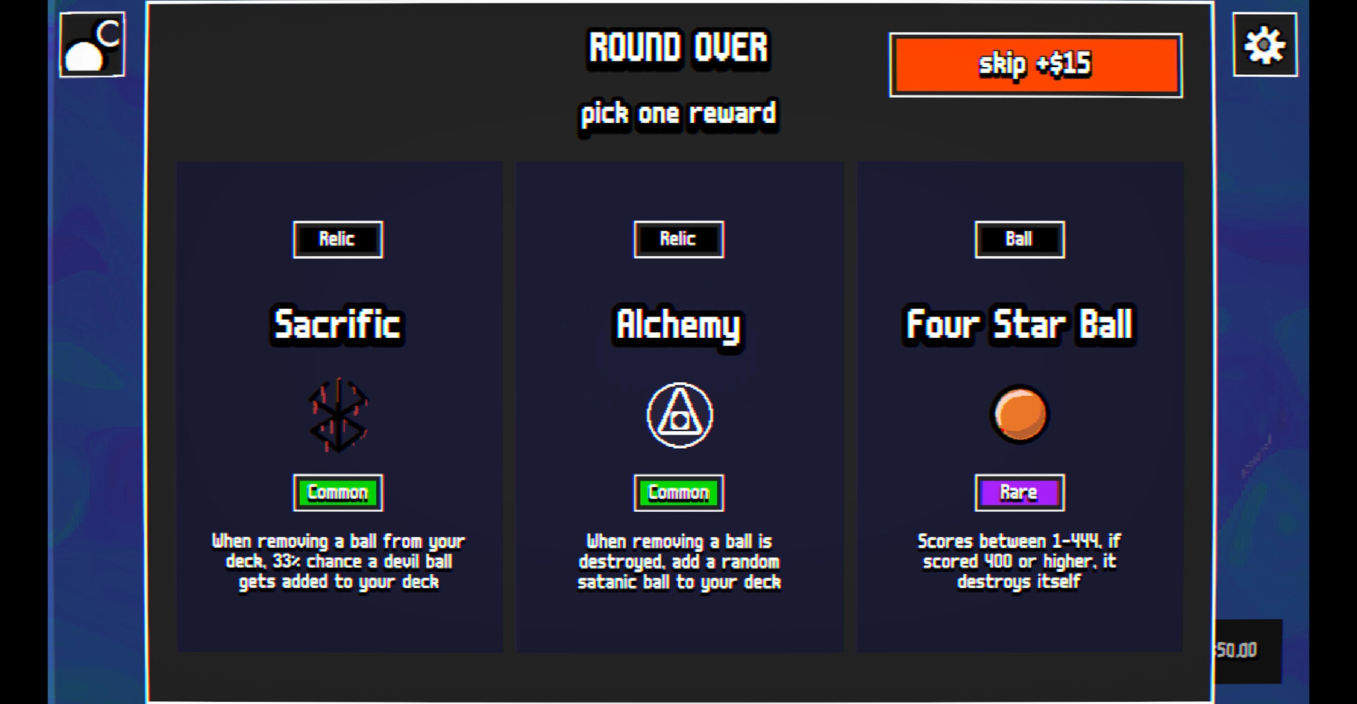 Peganomics: Reward selection screen with three relic options after round completion in dark interface